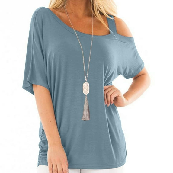 Women's Batwing Sleeve Casual T-Shirt Top, Short Sleeve Skew Collar Blouse, Loose Fit Off-Shoulder Shirt for Daily Wear, Stylish Women’s Short Sleeve Casual Top, Comfortable and Fashionable