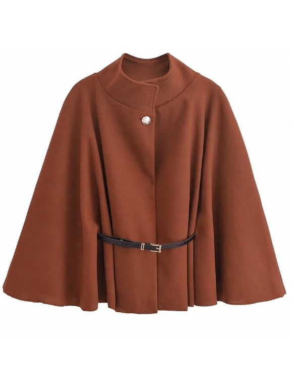 Women's Batwing Sleeve Cloak Coat Belted Oversized Wool Blend Cape Stand Collar Dramatic Winter Statement Boho Chic Outerwear
