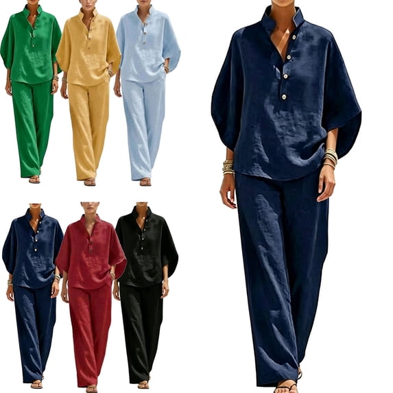 Women's Batwing Sleeve Linen Cotton Two-Piece Set, Casual Shirt & Wide Leg Pants Outfit, Breathable Loose Fit