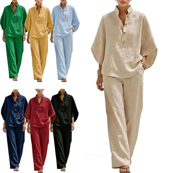 Women's Batwing Sleeve Linen Cotton Two-Piece Set, Casual Shirt & Wide Leg Pants Outfit, Breathable Loose Fit