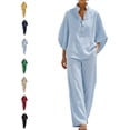 thumbnail image 1 of Women's Batwing Sleeve Linen Cotton Two Piece Set,Casual Shirt & Wide Leg Pants Outfit,Lightweight Summer Lounge Wear, 1 of 7