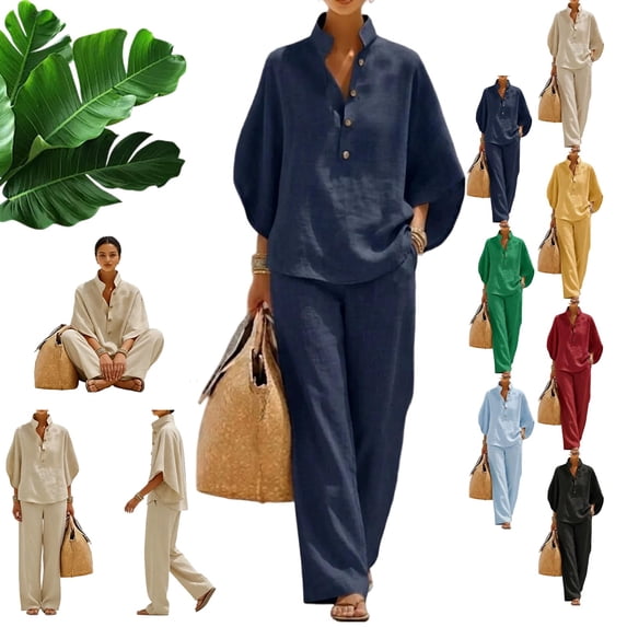 Women’s Batwing Sleeve Linen Cotton Two-Piece Set – Casual Shirt & Wide Leg Pants Outfit, Lounge Cotton 2 Piece