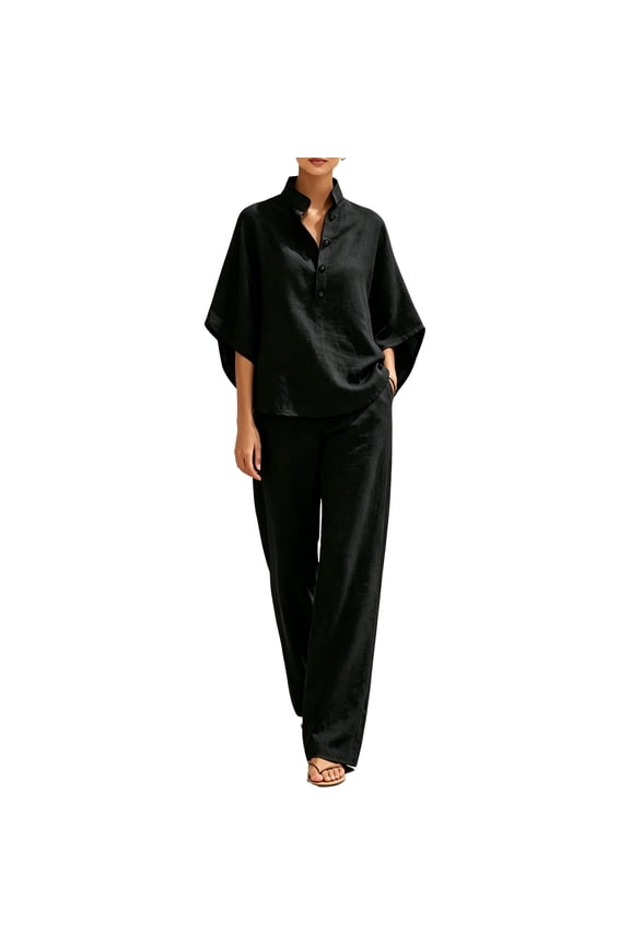 Women’s Batwing Sleeve Linen Cotton Two-Piece Set – Casual Shirt & Wide Leg Pants Outfit