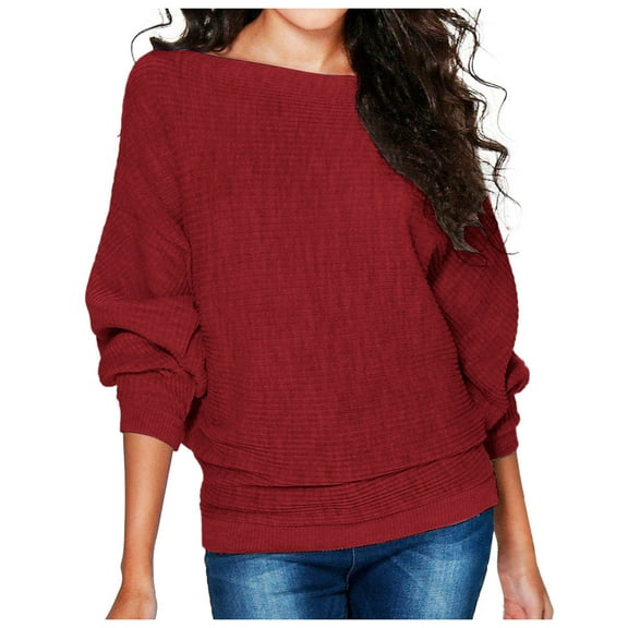Women's Batwing Sleeve Loose Sweater Top - O-Neck, Solid Color, Cotton Blend - Casual All-Season Long Sleeve Blouse