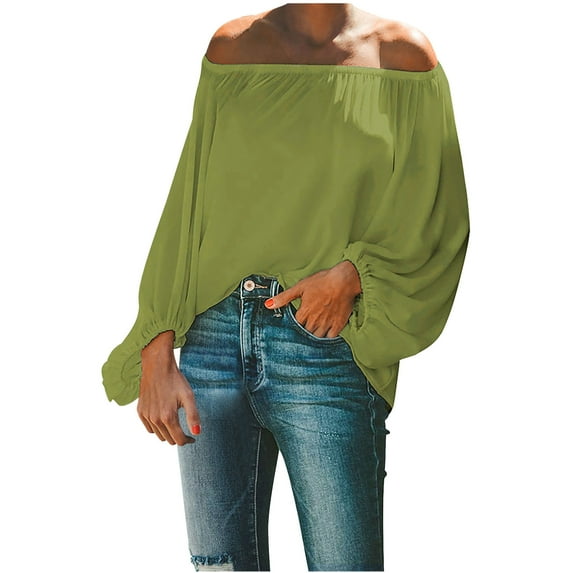 Women's Batwing Sleeve Off Shoulder Tops Loose Fitting Long Sleeve Tee Shirt Plain Tshirts Spring Casual Blouse