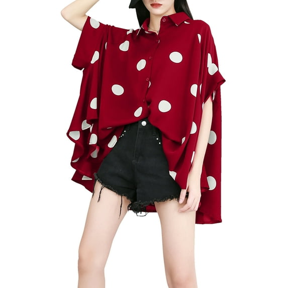 Women's Batwing Sleeve Polka Dot Printed Button Down Blouse Oversized Shirt Top for Summer GY1903 Red