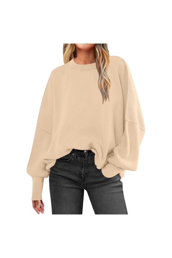 Women's Batwing Sleeve Sweater Oversized Crewneck Side Slit Pullover (Beige, M)