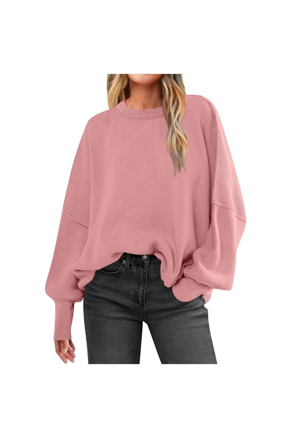 Women's Batwing Sleeve Sweater Oversized Crewneck Side Slit Pullover (Pink, XL)