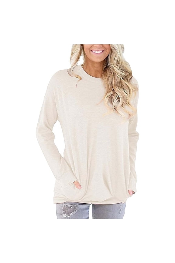 Women's Batwing Sleeve T-Shirt, Solid Color Loose Fit Long Sleeve Top with Two Side Pockets, Casual Cotton Blouse for Daily Wear, Streetwear and Vacation - Beige