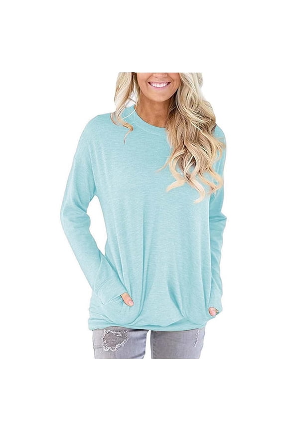 Women's Batwing Sleeve T-Shirt, Solid Color Loose Fit Long Sleeve Top with Two Side Pockets, Casual Cotton Blouse for Daily Wear, Streetwear and Vacation - Light Blue