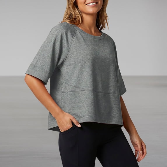 Women's Batwing Sleeve Tops Casual Crewneck Loose Fit Summer T-Shirts,Solid Color Flowy Blouses Basic Tees for Daily Wear Grey S