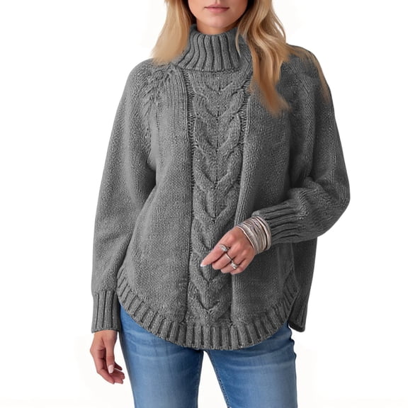 Women's Batwing Sleeve Turtleneck Sweater Oversized Cable Knit Winter Pullover (Gray, S)