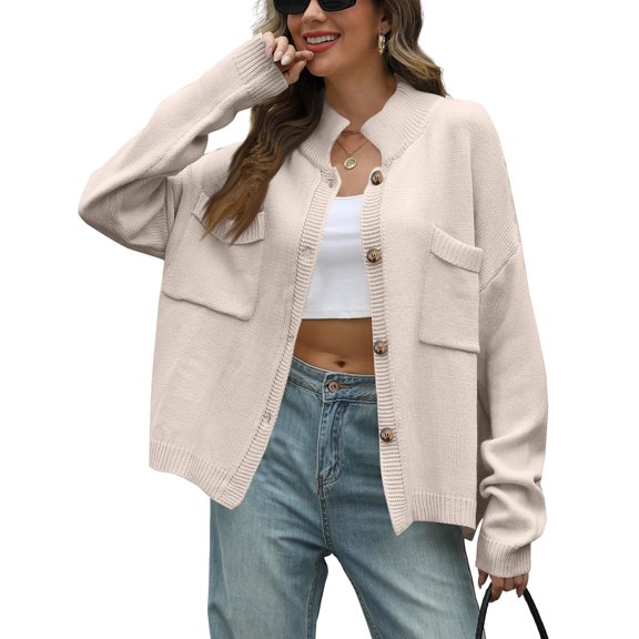 Women's Batwing Sweater, Solid Color Knit Cardigan with Button Front and Round Neck, Cozy Chic Layering for Fall and Winter.BeigeS