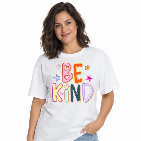 Women's Be Kind Graphic T-Shirt, Heart Flower Star Print Crew Neck Casual Cotton Loose Tee