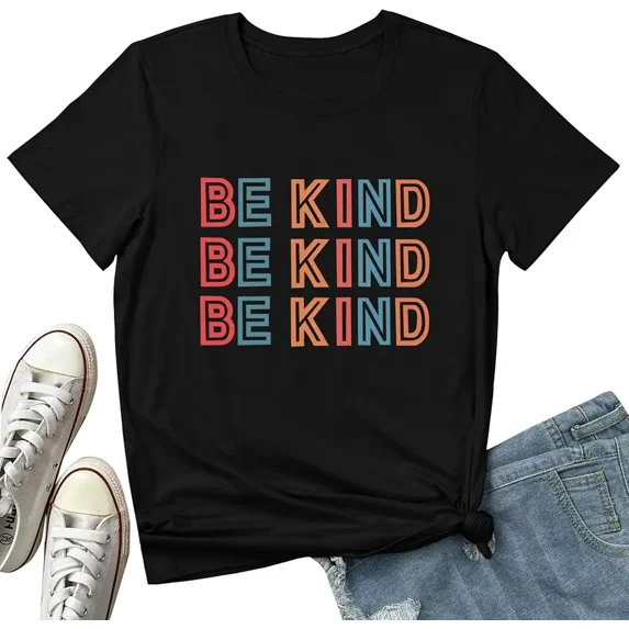 Women's Be Kind Graphic T-Shirt Retro Inspirational Short Sleeve Casual Cotton Blend Tee Black
