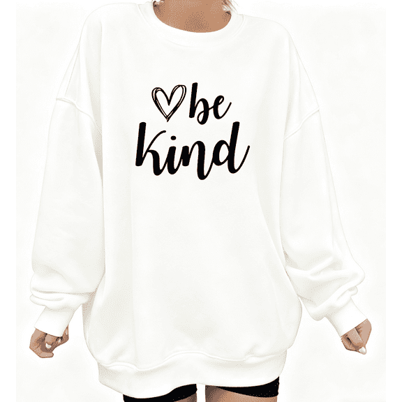 Women's Be Kind Sweatshirt - Heart Line Art Design Print Long Sleeve Oversized Crewneck Tops with Handwritten Lettering, Comfort Pullover