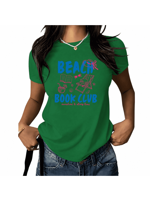 Women's Beach Book Club Graphic T-Shirt Sunshine Story Time Summer Vacation Print Short Sleeve Crewneck Reader Casual Top Plus Size
