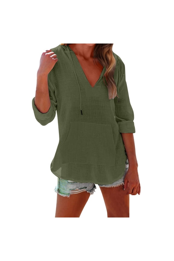 Women's Beach Cover Up Hoodies Sweatshirt Gauze Hoodie for Women Gauze Shirt V Neck Linen Shirts Hooded Pullover Tops Relaxed Fit Beach Top Hooded Gauze Tops Basic Gauze Shirt Green M