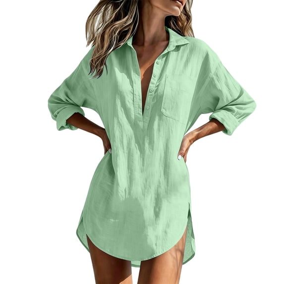 Women's Beach Cover-Up Breathable Quick-Dry Shirt Dress with Deep V-Neck Pockets Loose Fit Loungewear Mint Green L(L)