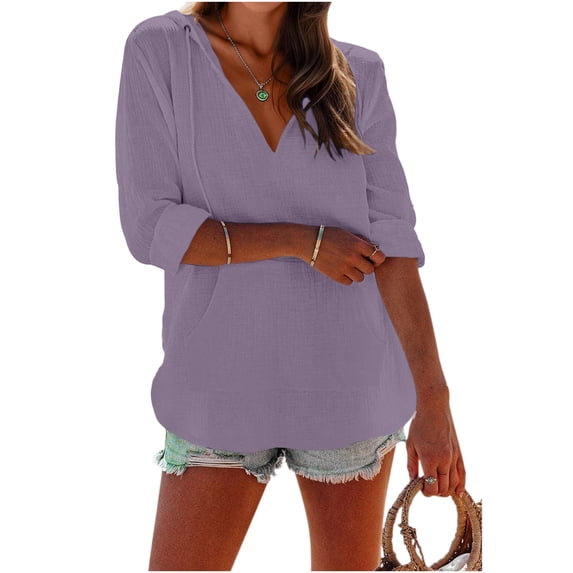 Women's Beach Cover Up Hoodies Sweatshirt Long Sleeve Sun Protection V Neck Breathable Shirt Top with Pockets Purple XXL