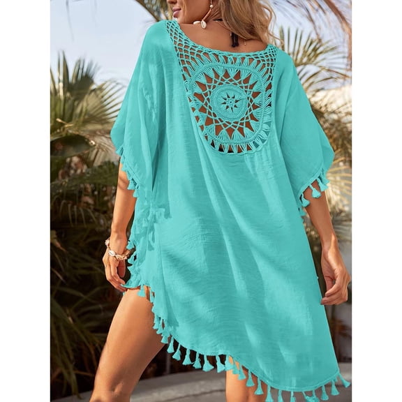 Women's Beach Cover Up Loose Fit Casual Short Sleeve Patchwork Tassel Bikini Cover Up Kimono for Vacation Pool Party,Sky Blue,One Size