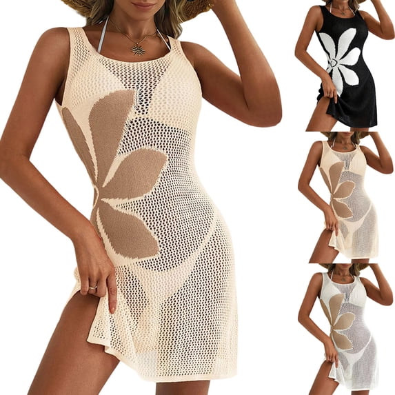 Women's Beach Cover Up Skirt Hollowed Out Knitted Bikini Swimsuit Sun Dress for Resort Vacation Pool,Khaki,XL
