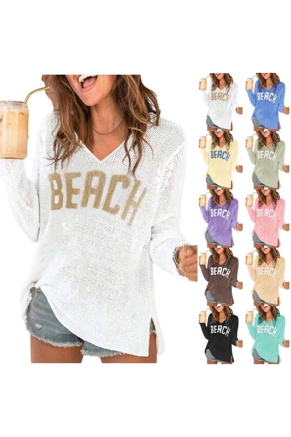 Women's Beach Cover Up Sweaters Letter Print Long Sleeve Crochet V Neck Knit Sweater Summer Tops