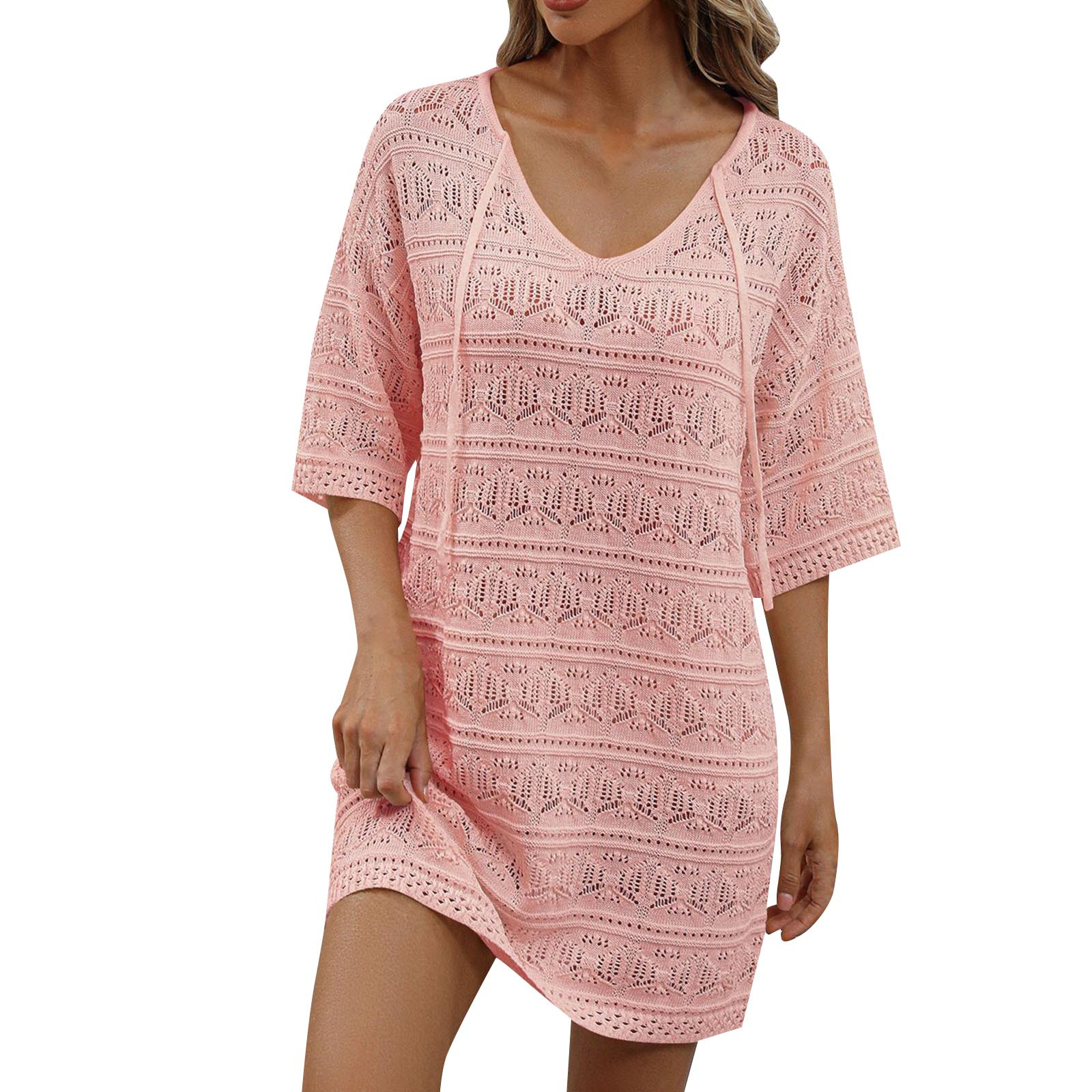 Women's Beach Coverups Crochet Hollow Out Short Sleeve V Neck Beach