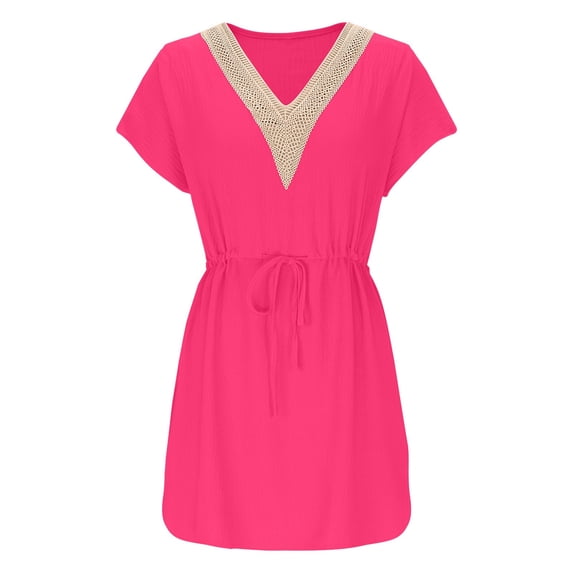 Women's Beach Dress, Vacation Smock Dress with V-Neck and Crochet Lace, Lightweight Summer Cover Up for Casual Outings