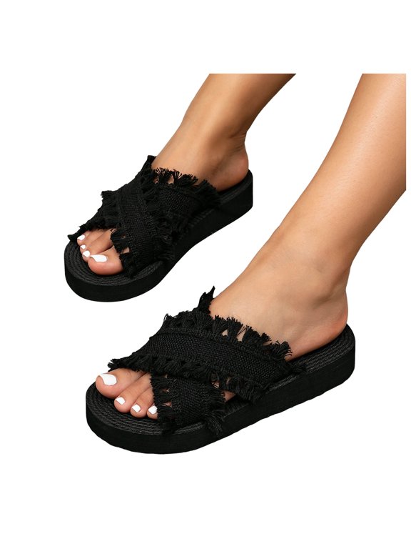 Women's Beach Flat Sandals Raffia Canvas Slip on Summer Slides Lightweight Non Slip Platform Slippers Black Size 6