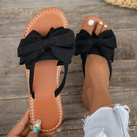 Women's Beach Flip Flops Versatile Bow-Knot Decoration Flat Slippers Plus Size Shoe Spring Style Trendy Flat Soft Sole Sandals
