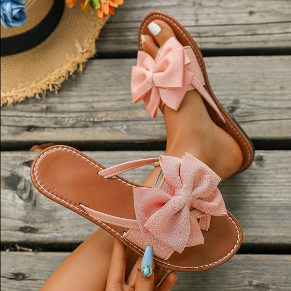 Women's Beach Flip Flops Versatile Bow-Knot Decoration Flat Slippers Plus Size Shoe Spring Style Trendy Flat Soft Sole Sandals