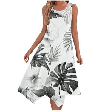 ZQUUVOU Women's Beach Floral Sundress Casual Boho Loose Sleeveless Round Neck Short Dress White