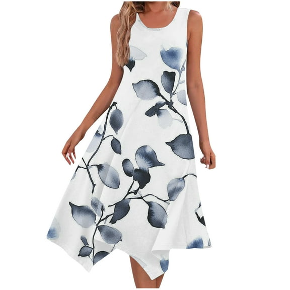 ZQUUVOU Women's Beach Floral Sundress Casual Boho Loose Sleeveless Round Neck Short Dress White