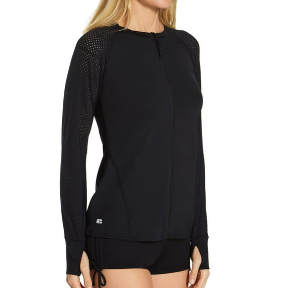Women's Beach House H47646 Beach Solids Ava Zip Front Rash Guard Swim Top (Black M)
