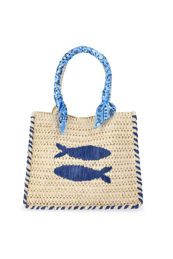 Women's Beach Icons Mini Straw Tote Bag, Natural Woven with Fish Embroidery, Bohemian Summer Raffia Shoulder Bag