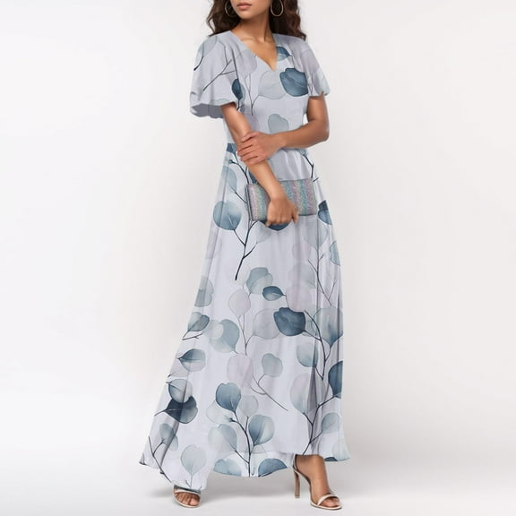 Women's Beach Maxi Dress Floral Print Short Sleeve V Neck Peplum Waist Flowy Dresses White M