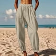 thumbnail image 1 of Women's Beach Pants, Elastic Waist Loose Fit Cotton Linen Trousers with Drawstring Cuffs, Casual Cropped Lounge Pants for Summer, Vacation, Daily Wear and Boho Style Beige L, 1 of 2