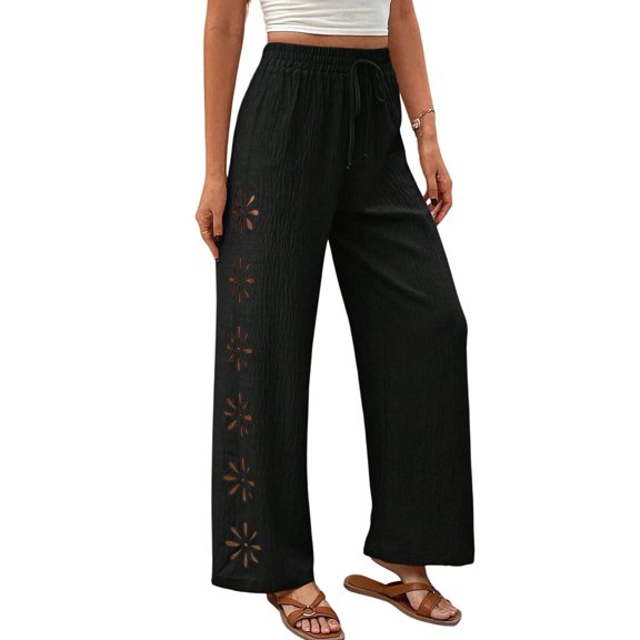 Women's Beach Pants Summer Boho Drawstring Elastic Waist Hollow Out Textured Wide Leg Clothes Black XXL