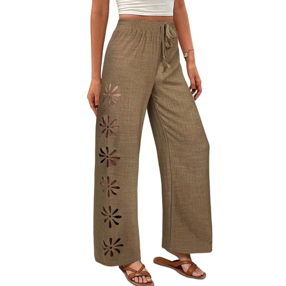 Women's Beach Pants Summer Boho Drawstring Elastic Waist Hollow Out Textured Wide Leg Clothes Brown XL