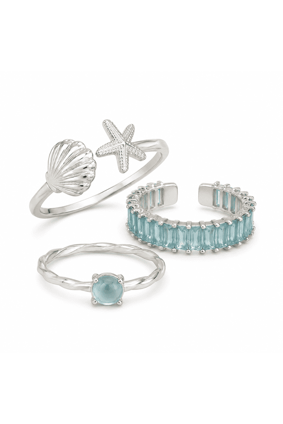 Womens Beach Rings Set, 3 Pack Adjustable Alloy Rings with Shell and Starfish Charms, Boho Jewelry Accessories for Daily Wear and Vacation