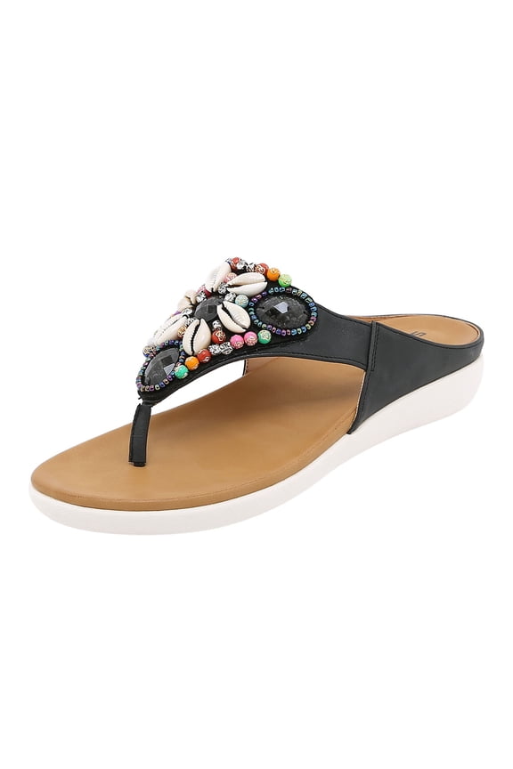 Women's Beach Sandals Beaded Shell Flip Flops for Women with Arch Support Summer Casual Bohemian Wedge Ethnic Style Slippers
