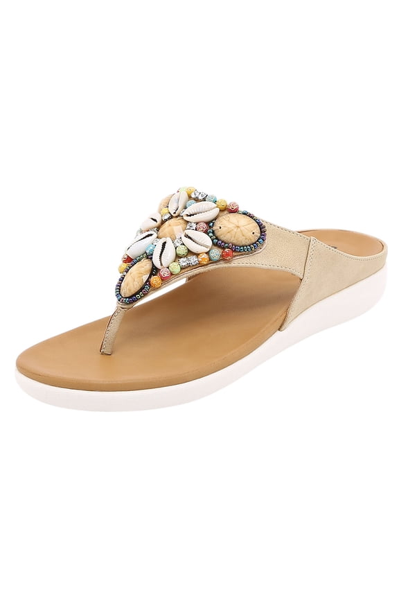 Women's Beach Sandals Beaded Shell Flip Flops for Women with Arch Support Summer Casual Bohemian Wedge Ethnic Style Slippers