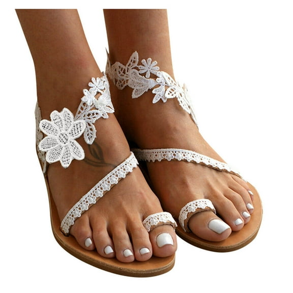 Women's Beach Sandals Open Toe Casual Dressy Sparkly Comfortable Flat Summer Shoes White 5.5