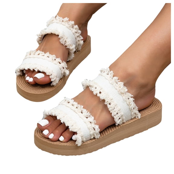 Women's Beach Slides Sandals White Ripped Canvas Platform Slip on Dress Slippers Flat Summer Shoes