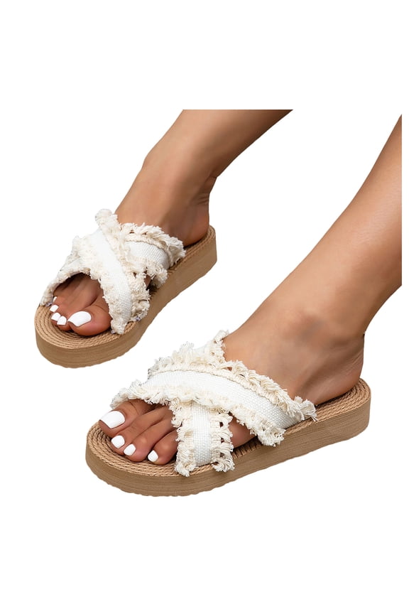 Women's Beach Slides Sandals White Ripped Canvas Platform Slip on Dress Slippers Flat Summer Shoes