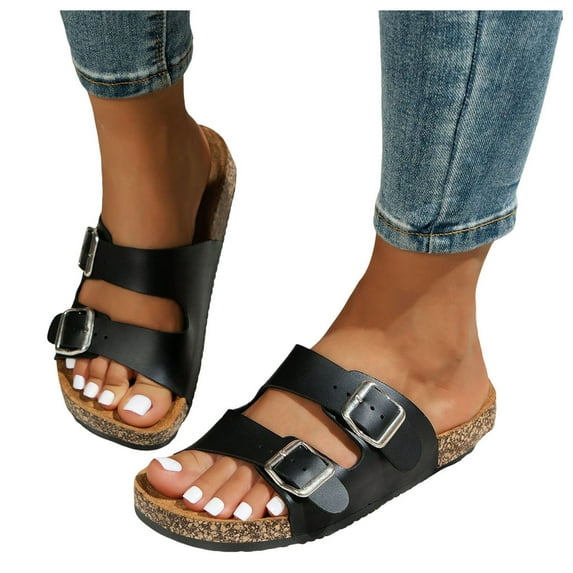 Women's Beach Slip on Sandals 2025 Summer Casual Buckles Wide Open Toe Cork Footbed Flats Slippers for Women