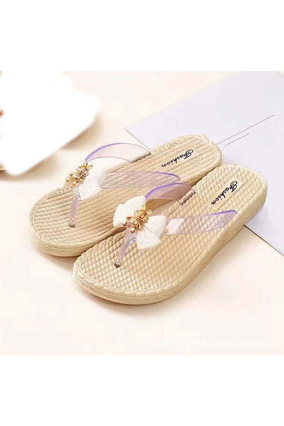 Women's Beach Slippers Fashion Cute Bow Flip Flops Casual Vacation Sandals Spring and Summer New Thick-Soled Flip-Flops