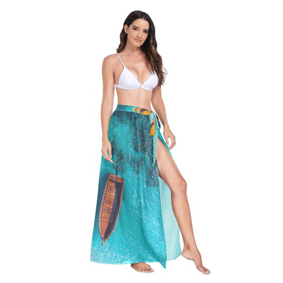 Women's Beach Swimsuit Cover Ups Bathing Suit Coverups Bikini Wrap Dress for Swimwear Boats in Turquoise Sea