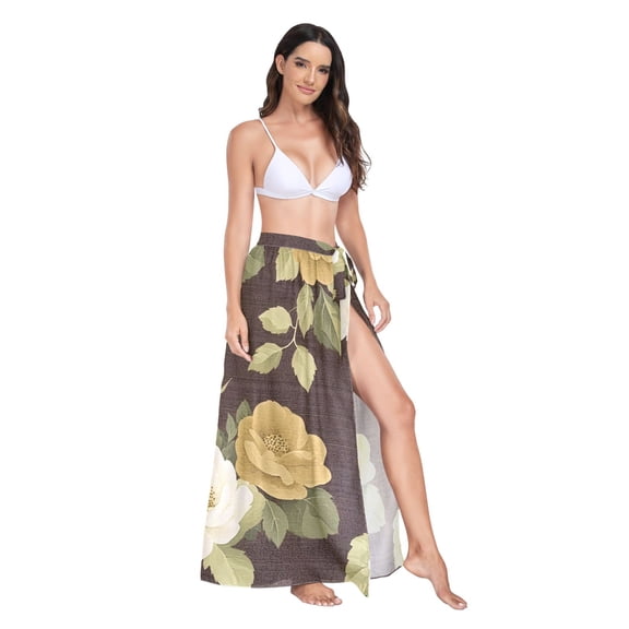 Women's Beach Swimsuit Cover Ups Bathing Suit Coverups Bikini Wrap Dress for Swimwear Brown Cream Roses L